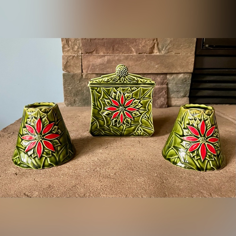 Vintage Holiday Enseco Poinsetta Napkin Holder and 2 Taper Candle Holders